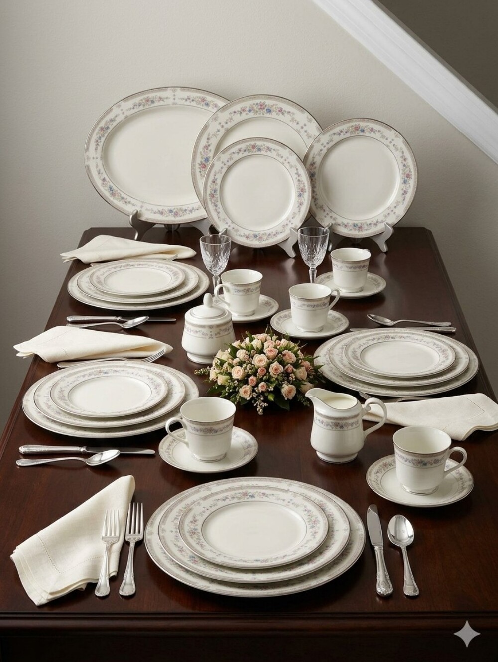 Cream Floral Rim Porcelain Dinnerware Set - Elegant 12-Piece Tableware